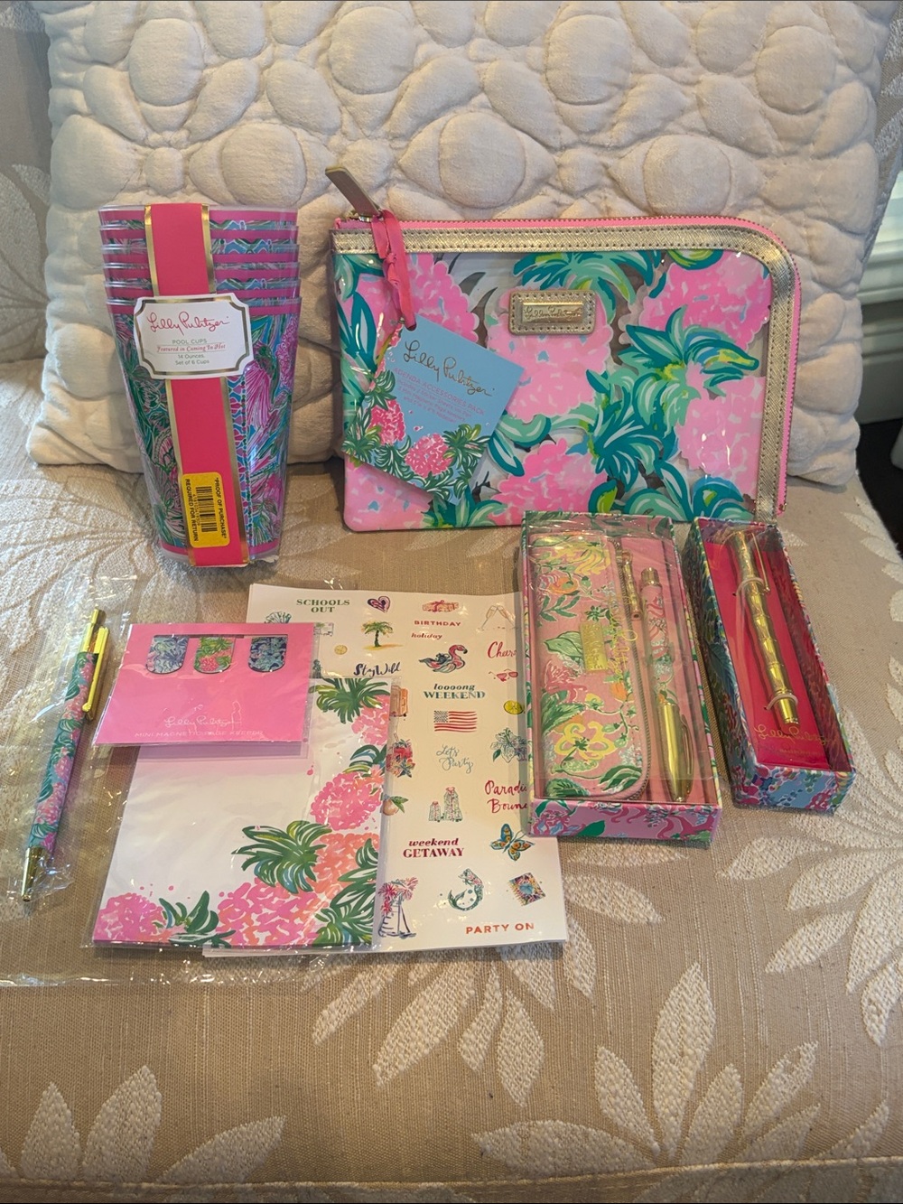 Lilly Pulitzer lot Pink & Green Floral Accessory Set, cups, and pens.